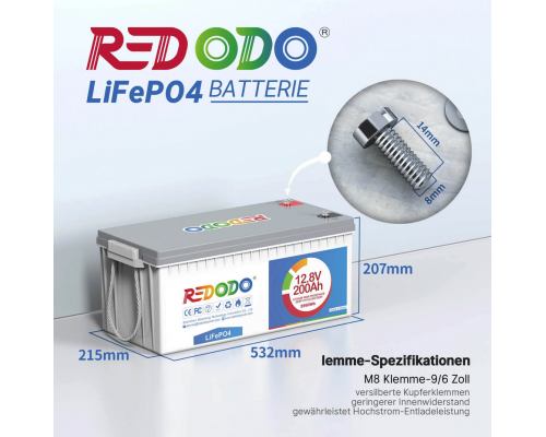 Аккумулятор Redodo 12V 200Ah LiFePO4 | 2.56 кВтч и 1.28 кВт