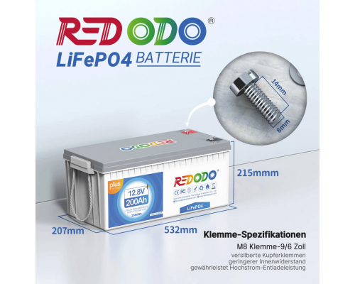 Аккумулятор Redodo 12V 200Ah Plus LiFePO4 | 2.56 кВтч и 2.56 кВт